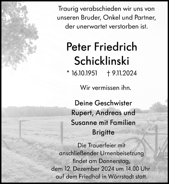 Traueranzeige von Peter  Schicklinski von Allgemeine Zeitung Alzey