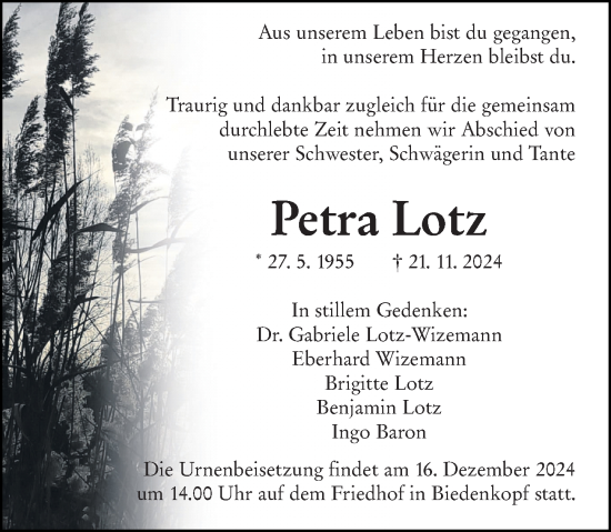 Traueranzeige von Petra Lotz von Hinterländer Anzeiger