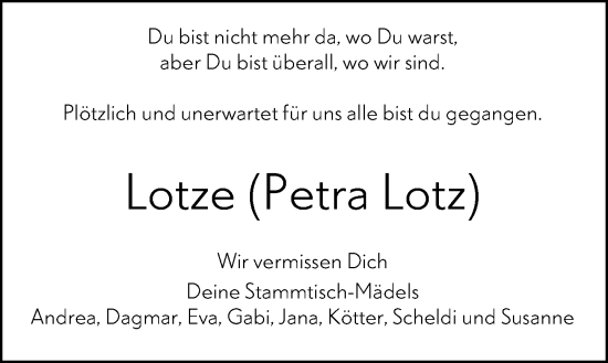 Traueranzeige von Petra Lotz von Hinterländer Anzeiger