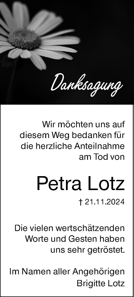 Traueranzeige von Petra Lotz von Hinterländer Anzeiger