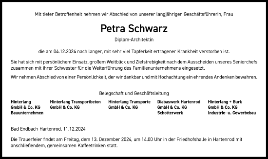 Traueranzeige von Petra Schwarz von Hinterländer Anzeiger