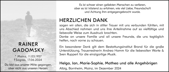 Traueranzeige von Rainer Gadomsky von Allgemeine Zeitung Alzey