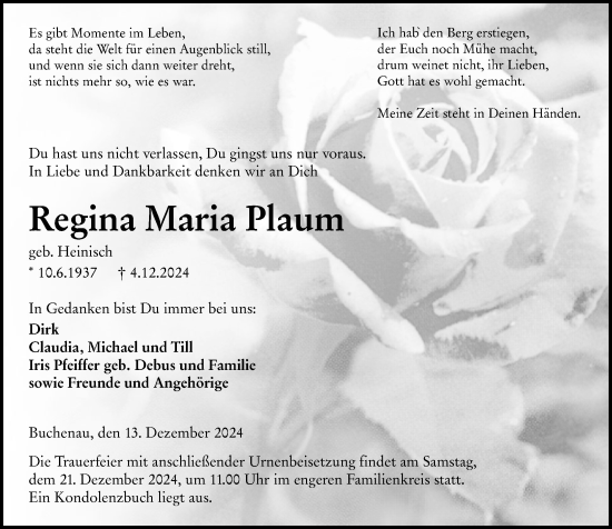 Traueranzeige von Regina Maria Plaum von Hinterländer Anzeiger