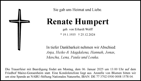 Traueranzeige von Renate Humbert von Allgemeine Zeitung Mainz