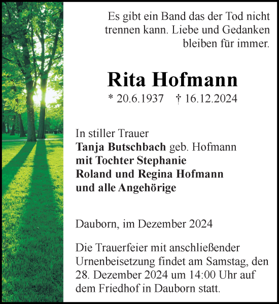 Traueranzeige von Rita Hofmann von Camberger Anzeiger