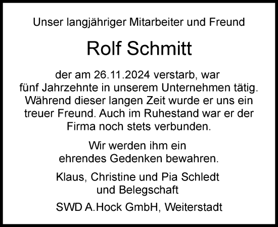 Traueranzeige von Rolf Schmitt von Darmstädter Echo