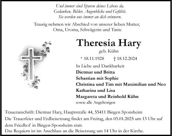 Traueranzeige von Theresia Hary von Allgemeine Zeitung Rheinhessen-Nahe