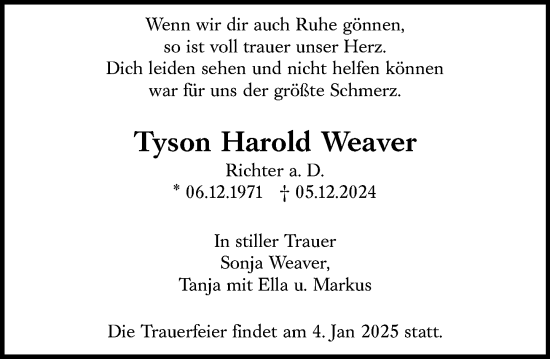 Traueranzeige von Tyson Harold Weaver von Allgemeine Zeitung Mainz