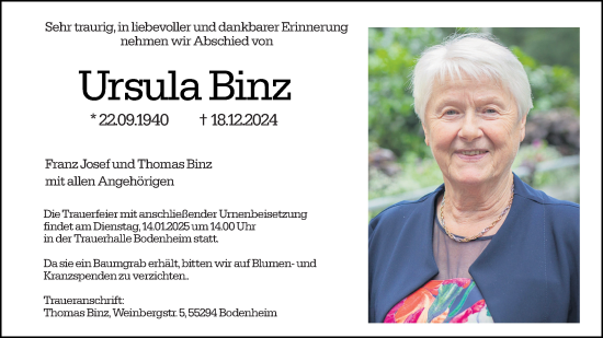 Traueranzeige von Ursula Binz von Allgemeine Zeitung Mainz