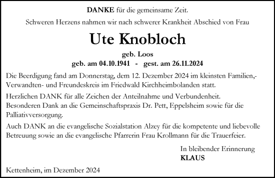 Traueranzeige von Ute Knobloch von Allgemeine Zeitung Alzey