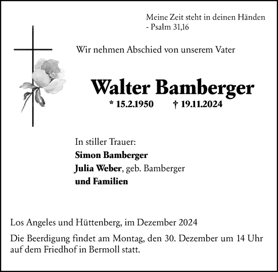 Traueranzeige von Walter Bamberger von Wetzlarer Neue Zeitung