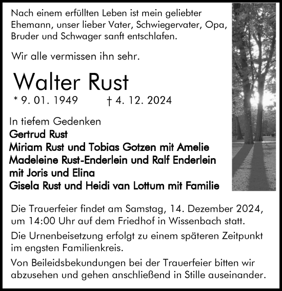 Traueranzeige von Walter Rust von Dill Block