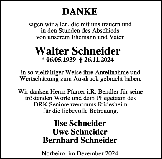 Traueranzeige von Walter Schneider von Allgemeine Zeitung Rheinhessen-Nahe