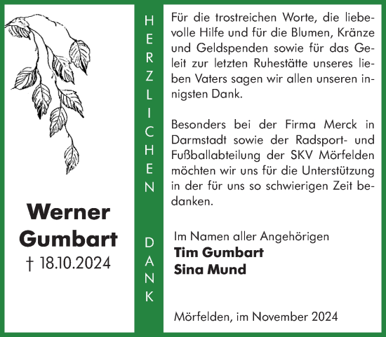 Traueranzeige von Werner Gumbart von Darmstädter Echo