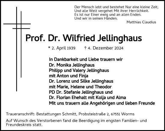 Traueranzeige von Wilfried Jellinghaus von Wormser Zeitung