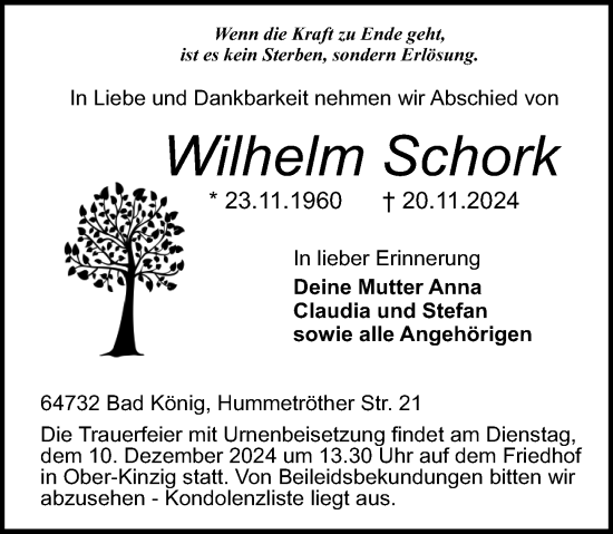 Traueranzeige von Wilhelm Schork von Odenwälder Echo