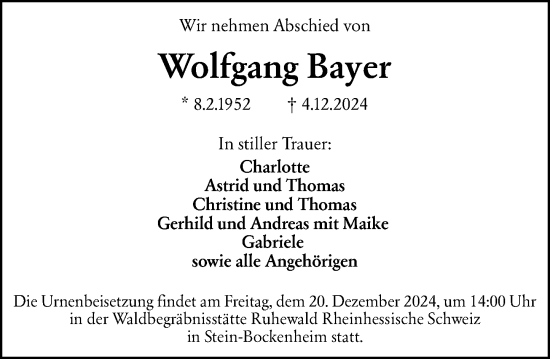 Traueranzeige von Wolfgang Bayer von Allgemeine Zeitung Mainz