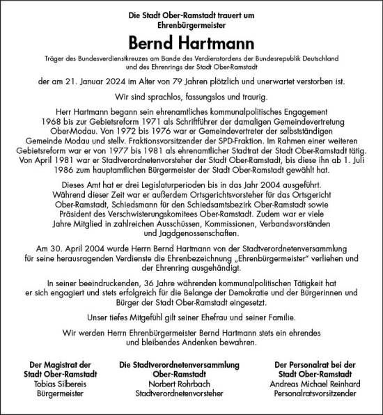 Traueranzeige von Bernd Hartmann von Darmstädter Echo
