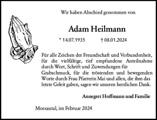 Traueranzeige von Adam Heilmann von Odenwälder Echo