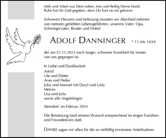 Traueranzeige von Adolf Danninger von Wetzlarer Neue Zeitung