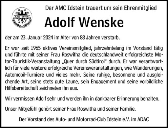 Traueranzeige von Adolf Wenske von Idsteiner Land/Untertaunus