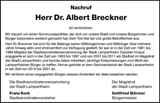Traueranzeige von Albert Breckner von Starkenburger Echo