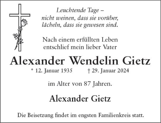 Traueranzeige von Alexander Wendelin Gietz von Wiesbadener Kurier