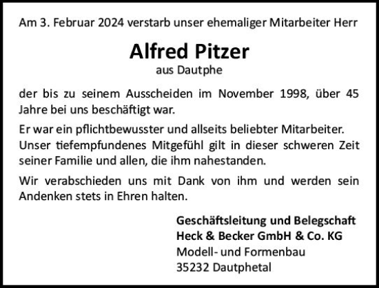 Traueranzeige von Alfred Pitzer von Hinterländer Anzeiger
