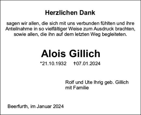 Traueranzeige von Alois Gillich von Odenwälder Echo
