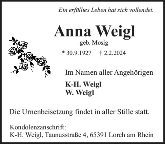 Traueranzeige von Anna Weigl von Wiesbadener Kurier