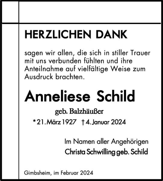 Traueranzeige von Anneliese Schild von Wormser Zeitung