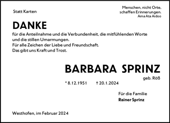Traueranzeige von Barbara Sprinz von Wormser Zeitung