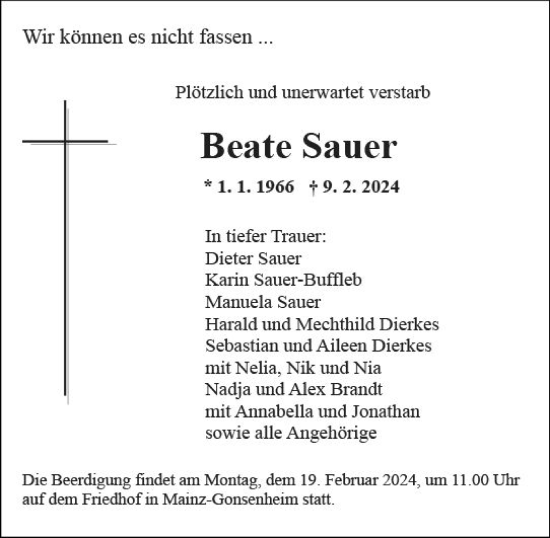 Traueranzeige von Beate Sauer von Allgemeine Zeitung Mainz