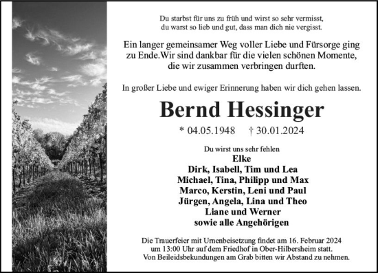 Traueranzeige von Bernd Hessinger von Allgemeine Zeitung Bingen/Ingelheim