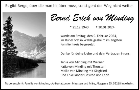 Traueranzeige von Bernd Erich von Minding von Allgemeine Zeitung Bingen/Ingelheim