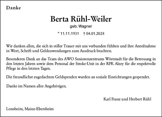 Traueranzeige von Berta Rühl-Weiler von Allgemeine Zeitung Alzey