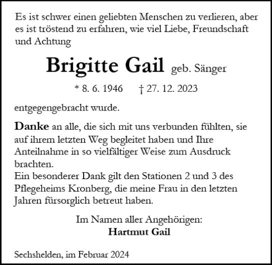 Traueranzeige von Brigitte Gail von Dill Block