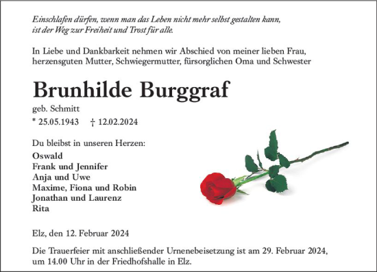 Traueranzeige von Brunhilde Burggraf von Nassauische Neue Presse
