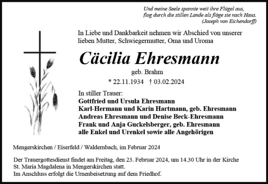 Traueranzeige von Cäcilia Ehresmann von Weilburger Tageblatt