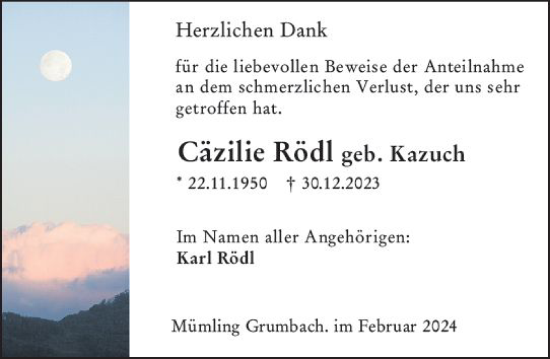 Traueranzeige von Cäzilie Rödi von Odenwälder Echo