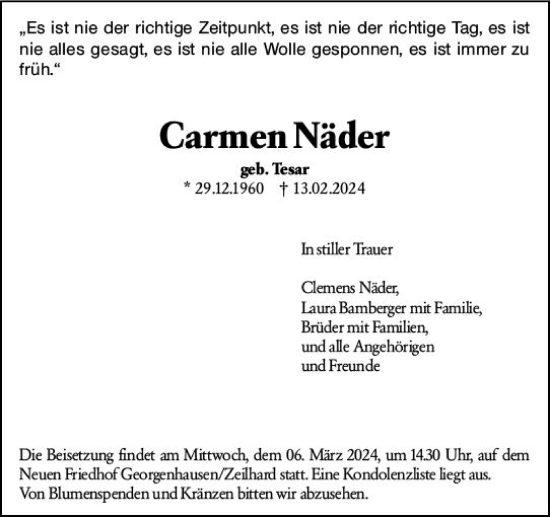 Traueranzeige von Carmen Näder von Dieburger Anzeiger/Groß-Zimmerner Lokal-Anzeiger