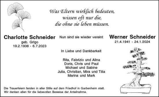 Traueranzeige von Charlotte Schneider von Wetzlarer Neue Zeitung