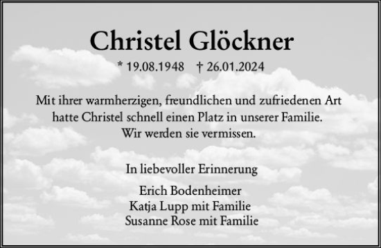 Traueranzeige von Christel Glöckner von Wiesbadener Kurier