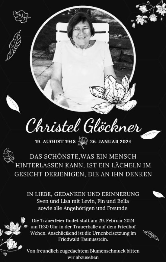 Traueranzeige von Christel Glöckner von Wiesbadener Kurier