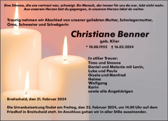 Traueranzeige von Christiane Benner von Dill Block