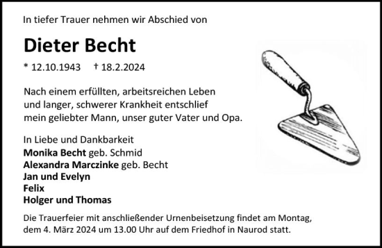 Traueranzeige von Dieter Becht von Wiesbadener Kurier