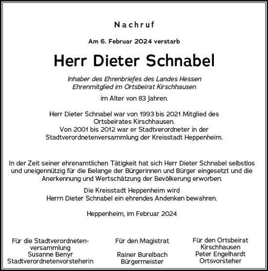 Traueranzeige von Dieter Schnabel von Starkenburger Echo