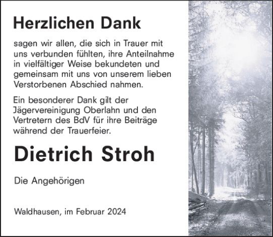 Traueranzeige von Dietrich Stroh von Weilburger Tageblatt