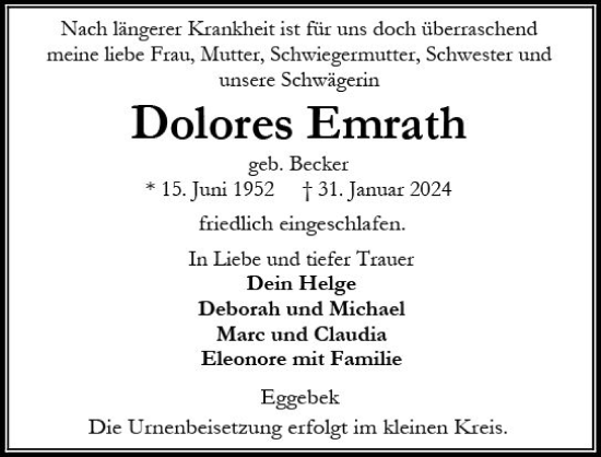 Traueranzeige von Dolores Emrath von Wiesbadener Kurier