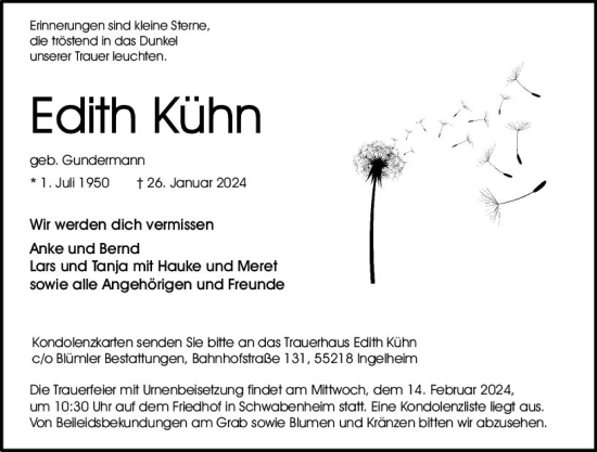 Traueranzeige von Edith Kühn von Allgemeine Zeitung Bingen/Ingelheim